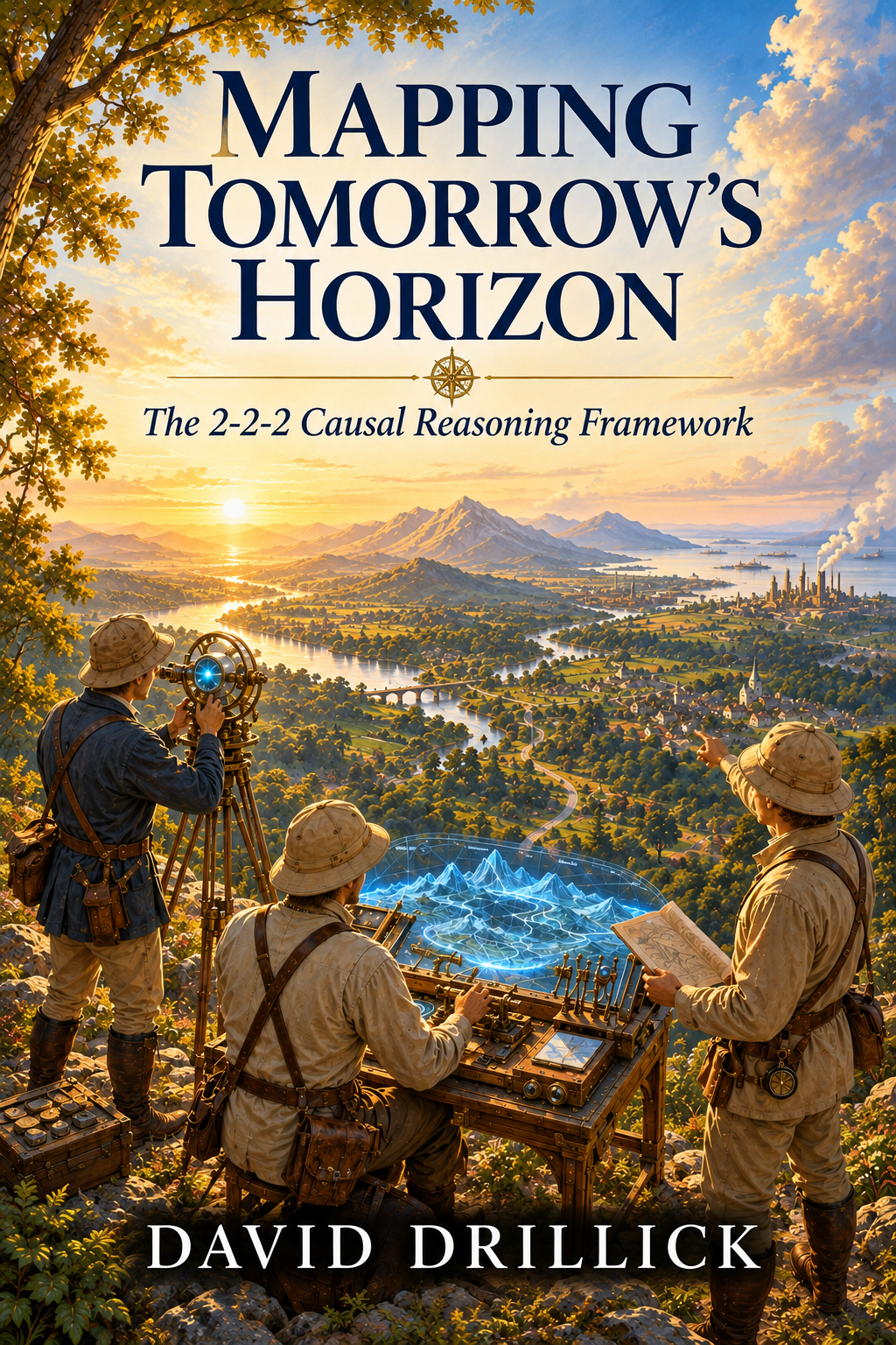Explorers using a luminous mapping instrument while surveying an unknown landscape